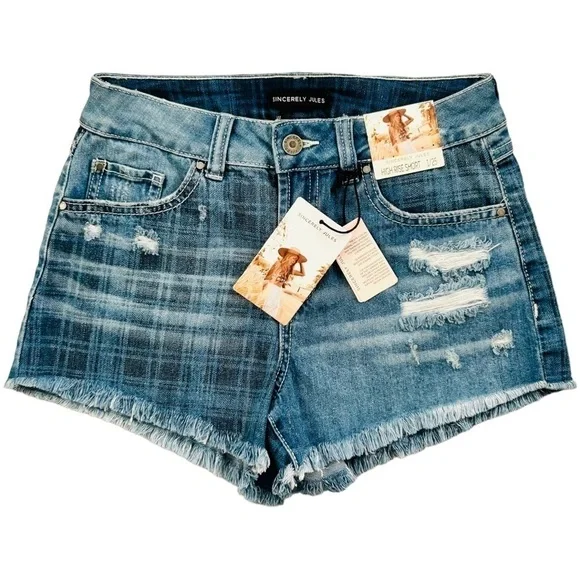 Sincerely Jules High Rise Denim Shorts Distressed Denim Women’s Size 1 New - Picture 1 of 6